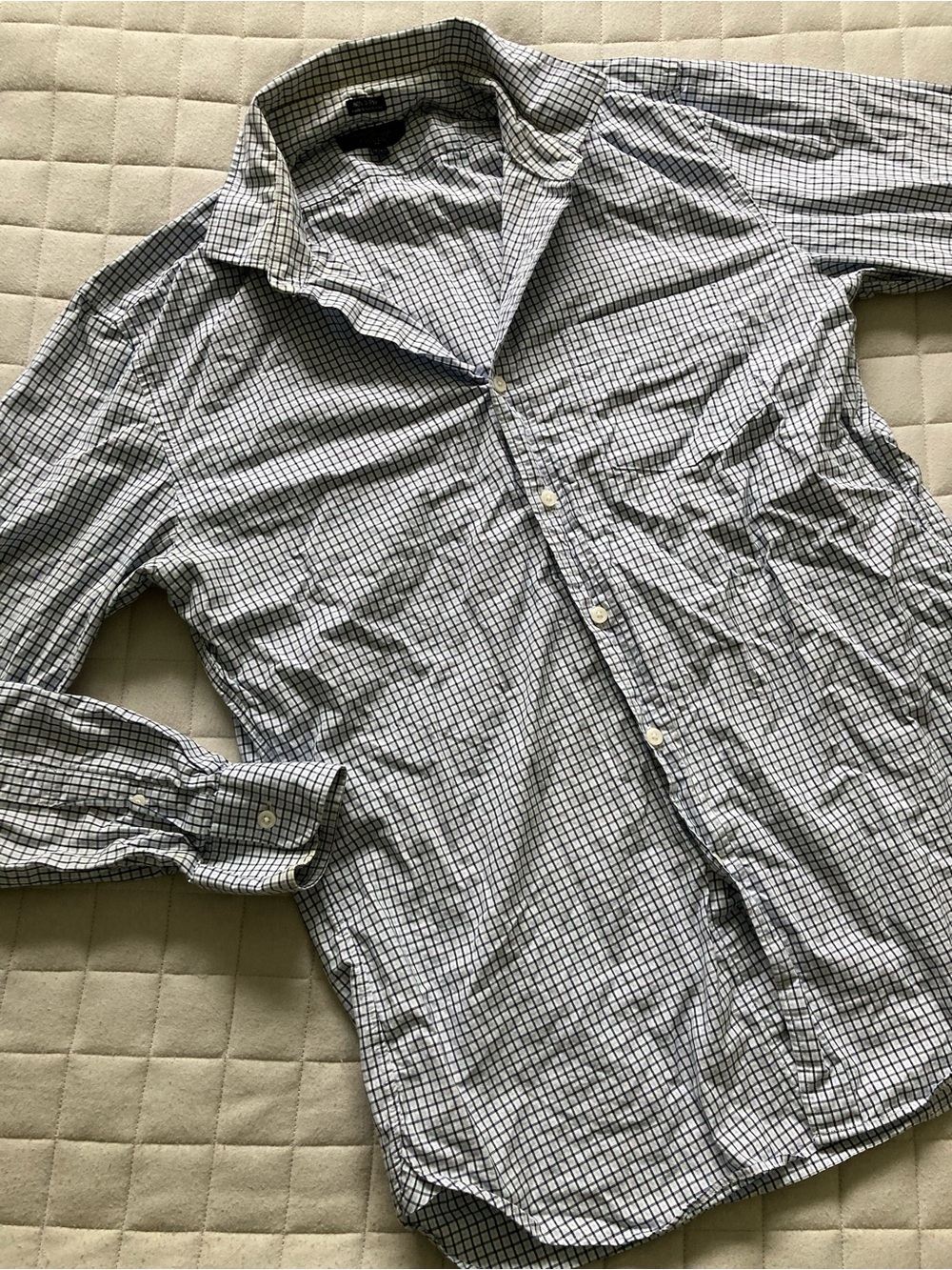 J. Crew Men’s White Shirt with Blue Checkered Design